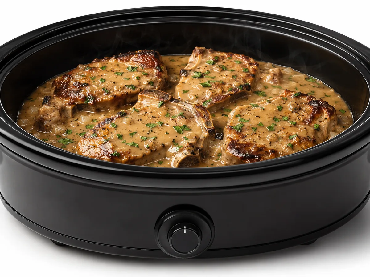 Smothered Pork Chops, finished and plated